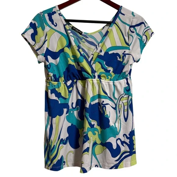 Cha Cha Vente Womens Blue Lime Green Abstract Psychedelic Empire Waist Top Med - Picture 1 of 4